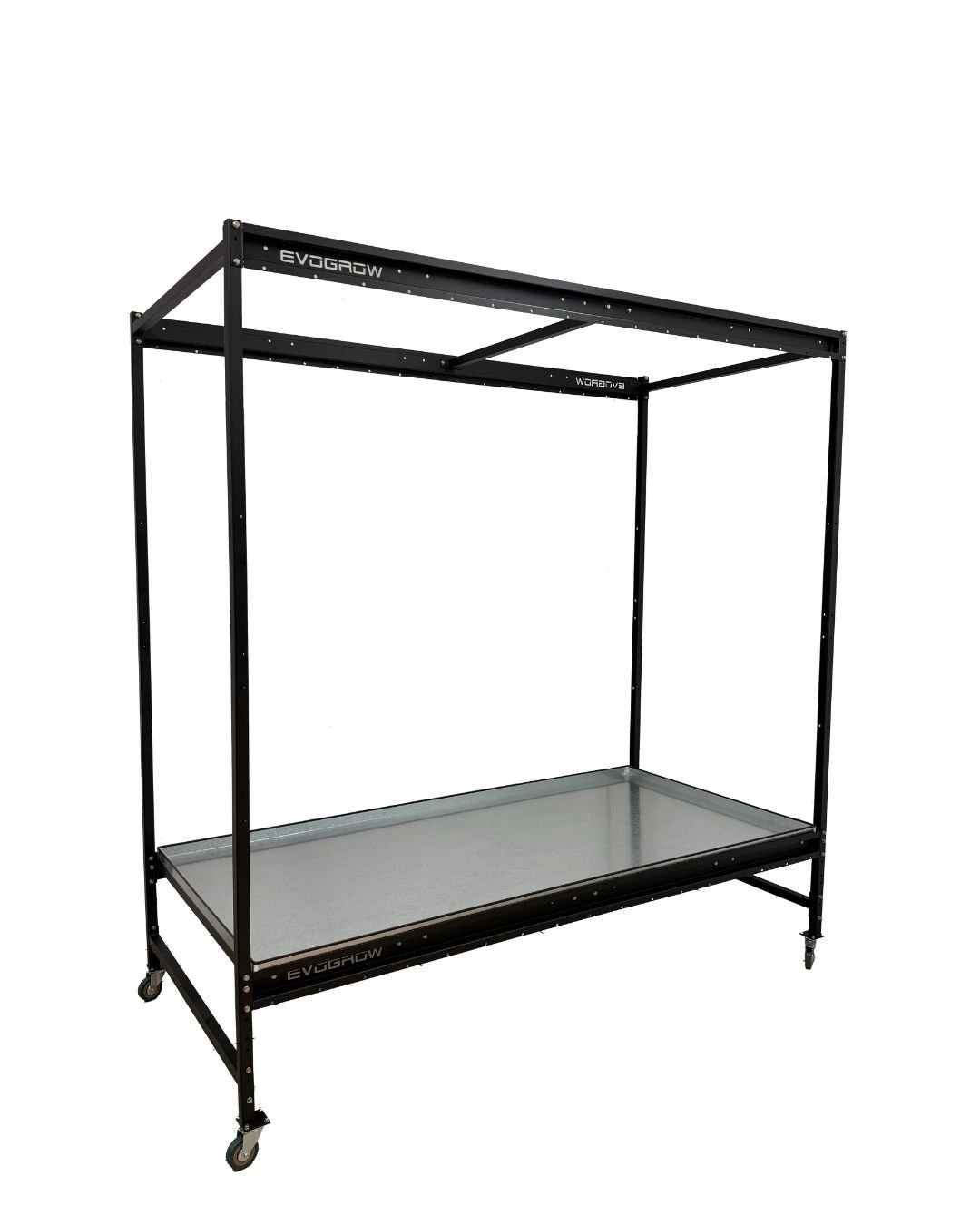 Rack EvoGrow de 1 por 2 por 2,10 metros, con estructura metálica y bandeja